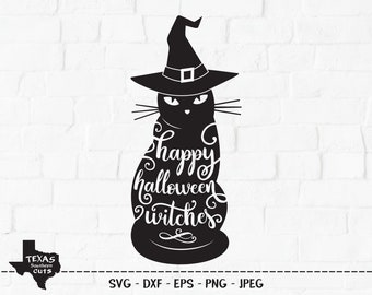 Happy Halloween Witches SVG, Cut File, Halloween Shirt Design, Witch Hat, Spooky Cute Black Cat, Fun Sign Art, Cricut, Silhouette, DXF, PNG