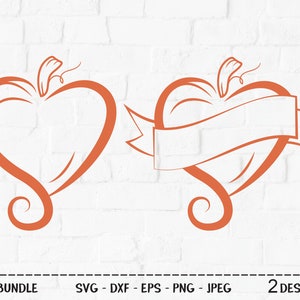 Puede incluir: Dos diseños de corazón naranja con un remolino en la parte inferior. Un corazón tiene una pancarta en la parte superior. SVG - DXF - EPS - PNG - JPEG. 2 Diseños.