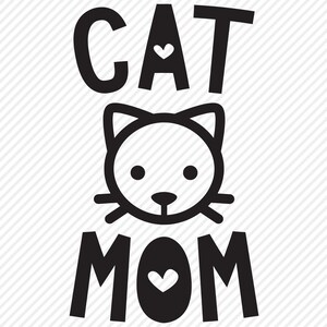 Puede incluir: Dise&ntilde;o gr&aacute;fico en blanco y negro con el texto "CAT MOM" y una cara de gato estilizada con corazones.