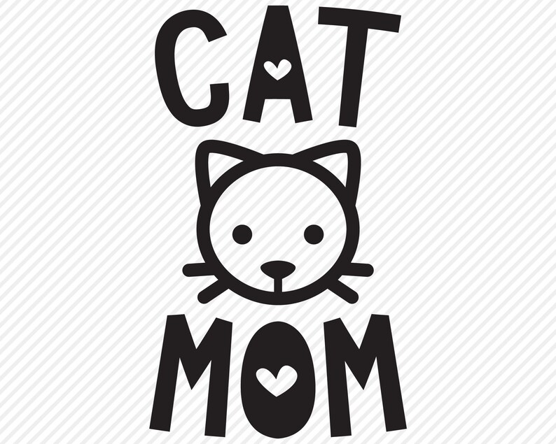 Puede incluir: Dise&ntilde;o gr&aacute;fico en blanco y negro con el texto "CAT MOM" y una cara de gato estilizada con corazones.