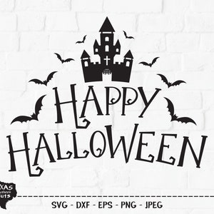 May include: Black and white graphic design featuring a spooky castle with bats and the text "Happy Halloween".