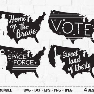 May include: Four black and white designs of the United States of America with different patriotic phrases. The designs include "Home of the Brave", "Vote", "Space Force", and "Sweet Land of Liberty".
