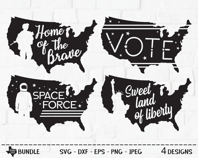 May include: Four black and white designs of the United States of America with different patriotic phrases. The designs include "Home of the Brave", "Vote", "Space Force", and "Sweet Land of Liberty".