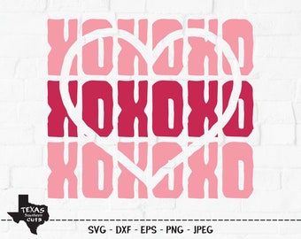 May include: A graphic design featuring the word "XOXO" repeated three times in a stacked pattern. The letters are in a bold, blocky font and are pink and red. A white heart shape is drawn over the letters.