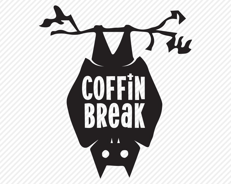 May include: Black silhouette of a bat hanging upside down from a branch with the text "Coffin Break" written inside the bat.