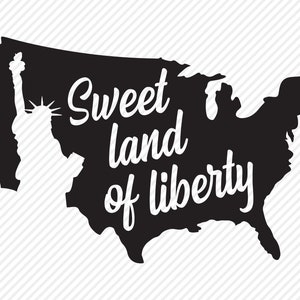 May include: Black and white silhouette of the United States with the Statue of Liberty in the left corner and the text "Sweet land of liberty" in the centre.