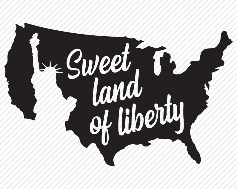 May include: Black and white silhouette of the United States with the Statue of Liberty in the left corner and the text "Sweet land of liberty" in the centre.
