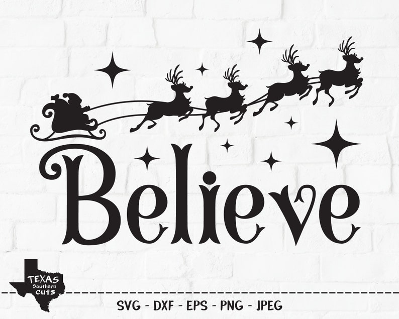 May include: Black silhouette of Santa Claus in a sleigh pulled by reindeer with the word "Believe" in a decorative font. The image is set against a white brick background.