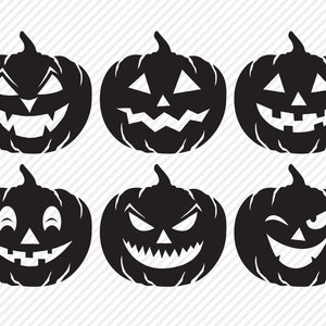 May include: Six black and white pumpkin illustrations with different facial expressions. The pumpkins are all carved with different facial expressions, including happy, sad, angry, and surprised.
