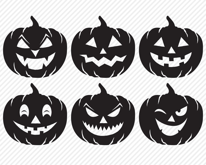 May include: Six black and white pumpkin illustrations with different facial expressions. The pumpkins are all carved with different facial expressions, including happy, sad, angry, and surprised.