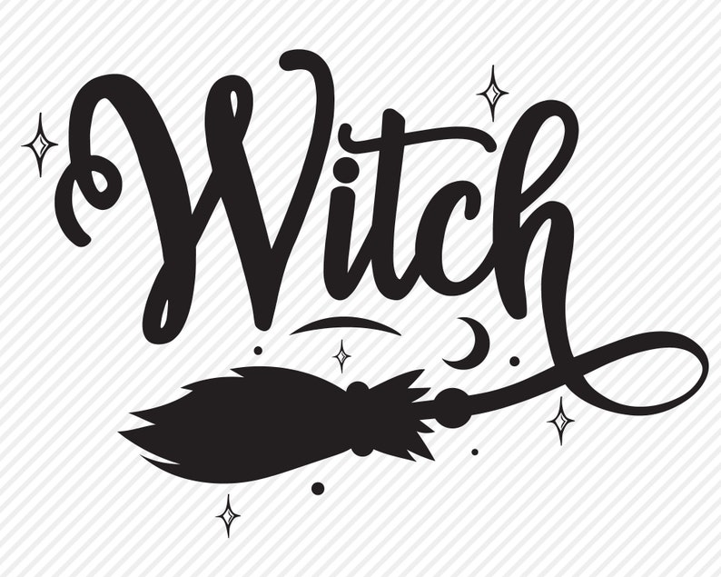K&ouml;nnte beinhalten: Schwarz-wei&szlig;-Illustration des Wortes "Witch" in einer stilisierten Schriftart mit einer schwarzen Silhouette eines Besens darunter. Das Wort ist von kleinen Sternen und einem Halbmond umgeben.