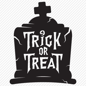 May include: Black and white illustration of a tombstone with the text "Trick or Treat" on it.