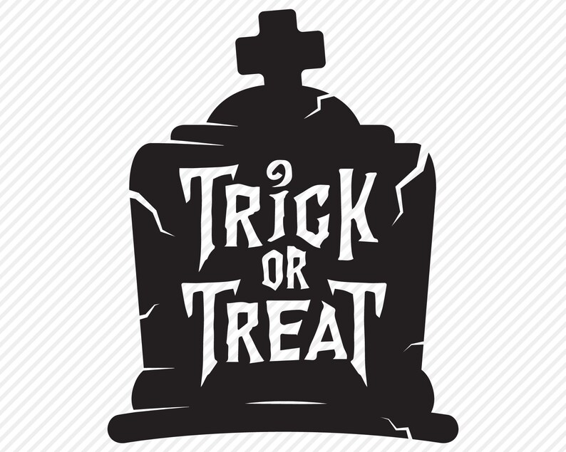 May include: Black and white illustration of a tombstone with the text "Trick or Treat" on it.