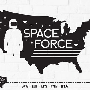 May include: A black and white silhouette of the United States with a spaceman and the text "SPACE FORCE" in white letters. There are stars around the text and the spaceman.