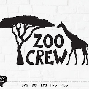 May include: Black and white silhouette design of a giraffe and an acacia tree with the text "Zoo Crew" underneath.