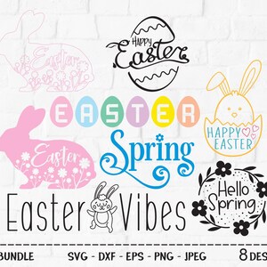 Lot de Pâques SVG, fichier coupé, conception de chemise de printemps, oreilles de lapin mignonnes, coeurs, bonjour le printemps, ambiance oeuf de Pâques, Cricut, Silhouette, DXF, PNG