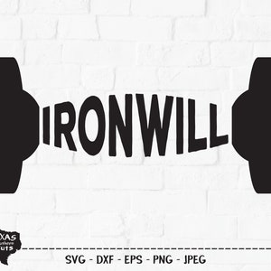 May include: Black and white silhouette of a dumbbell with the word "IRONWILL" written across it. The image is on a white brick background.