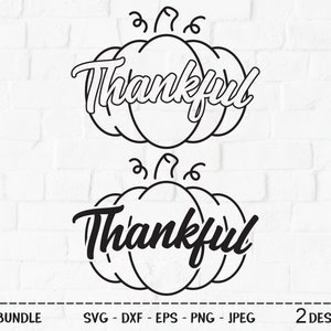 Puede incluir: Dos diseños en blanco y negro de una calabaza con la palabra "Thankful" escrita en su interior.