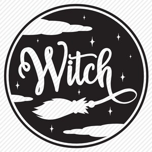 May include: Black and white illustration of a witch flying on a broomstick with stars and clouds in the background. The word "Witch" is written in a stylized font.