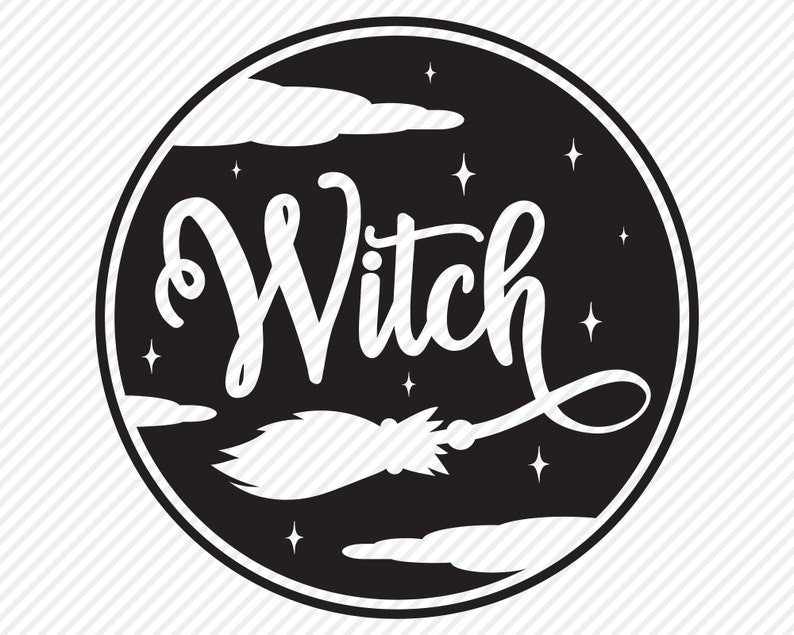 May include: Black and white illustration of a witch flying on a broomstick with stars and clouds in the background. The word "Witch" is written in a stylized font.