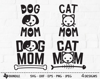 Cat Dog Mom Bundle SVG, Cut File, Cat Dog Mom Shirt Designs, Cute Kitten Face, Animal Lover, Puppy, Furry Pets, Cricut, Silhouette, DXF, PNG