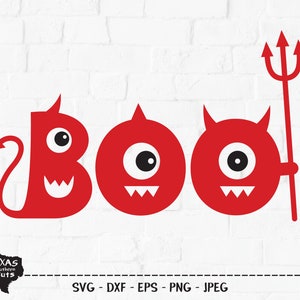 Boo SVG, Plik do cięcia, Uroczy projekt koszulki na Halloween, Zabawny mały czerwony diabełek, Widły, Zabawny wystrój imprezy z potworami, Cricut, Sylwetka, DXF, PNG