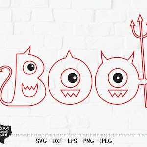 Boo SVG, Plik do cięcia, Uroczy projekt koszulki na Halloween, Zabawny mały czerwony diabełek, Widły, Zabawny wystrój imprezy z potworami, Cricut, Sylwetka, DXF, PNG