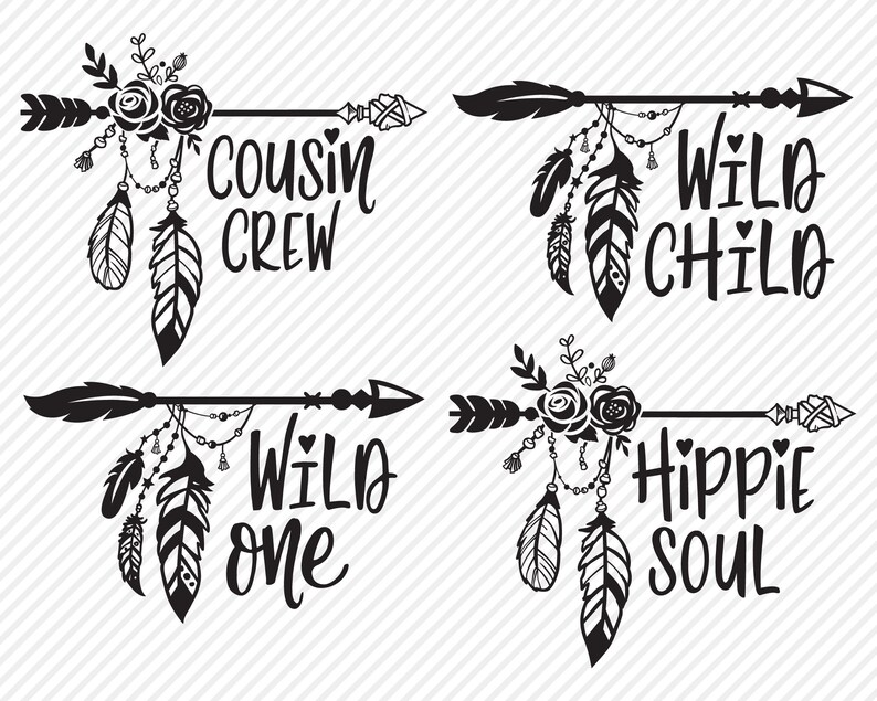 Puede incluir: Cuatro dise&ntilde;os en blanco y negro con flechas, plumas, flores y texto. El texto dice "Cousin Crew", "Wild Child", "Wild One" y "Hippie Soul".