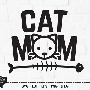 May include: Black and white graphic design with the text "CAT MOM" and a stylized cat head with a fishbone arrow underneath.