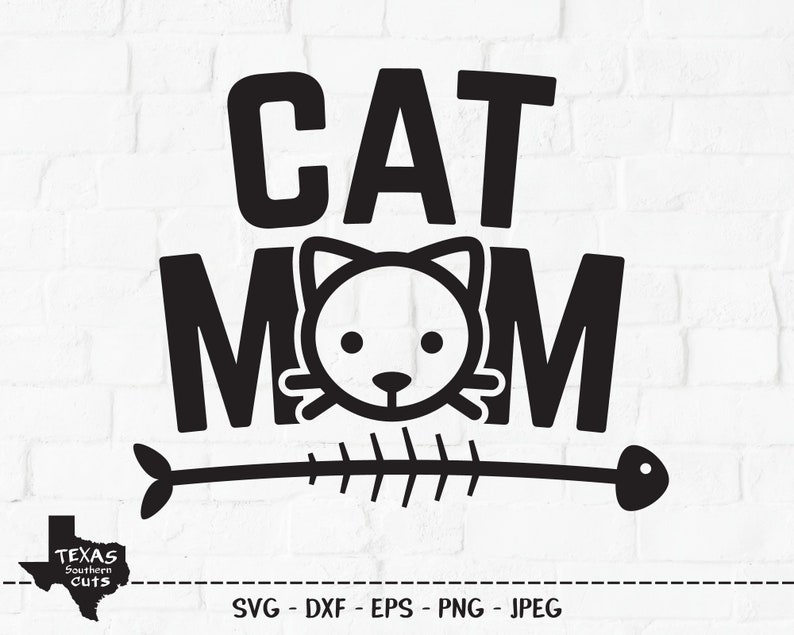 May include: Black and white graphic design with the text "CAT MOM" and a stylized cat head with a fishbone arrow underneath.