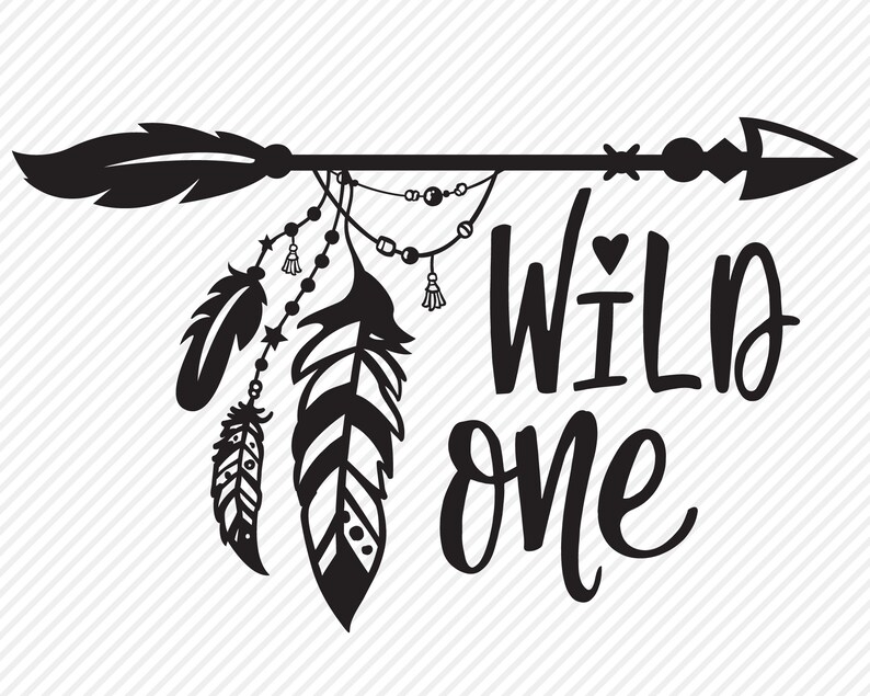 May include: Black and white graphic design with an arrow, feathers, and beads. The text "WILD one" is written in a stylized font.