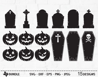 Halloween Bundle SVG, pliki do cięcia, projekt koszulki na Halloween, nagrobek, rozdarcie nagrobka, twarz dyni, straszna trumna, Cricut, sylwetka, DXF, PNG