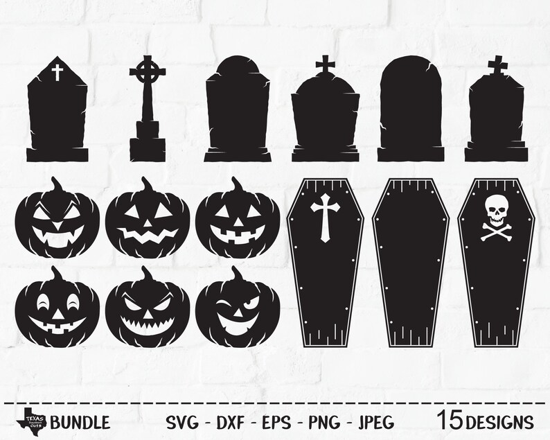 May include: A set of 15 black and white Halloween-themed SVG cut files. The designs include tombstones, coffins, and jack-o'-lanterns.  SVG - DXF - EPS - PNG - JPEG 15 DESIGNS