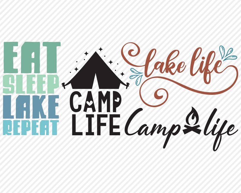 Puede incluir: Tres dise&ntilde;os con tem&aacute;tica de campamento con texto. El primer dise&ntilde;o dice "Eat Sleep Lake Repeat" en azul, verde y turquesa. El segundo dise&ntilde;o muestra una tienda de campa&ntilde;a negra con estrellas y el texto "Camp Life". El tercer dise&ntilde;o dice "Lake Life" en cursiva marr&oacute;n con un remolino y "Camp Life" con un s&iacute;mbolo de fogata.