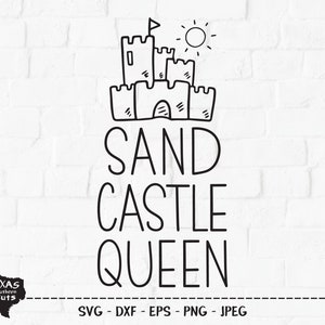May include: Black and white line art of a sandcastle with a flag and sun, above the words "SAND CASTLE QUEEN". The Texas Southern Cuts logo is in the lower left corner. Below the text are file type abbreviations.