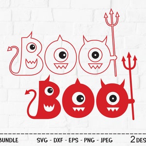 Boo SVG Bundle, plik do cięcia, uroczy projekt koszulki na Halloween, zabawny mały czerwony diabełek, widły, dekoracja imprezy potwora, Cricut, sylwetka, DXF, PNG