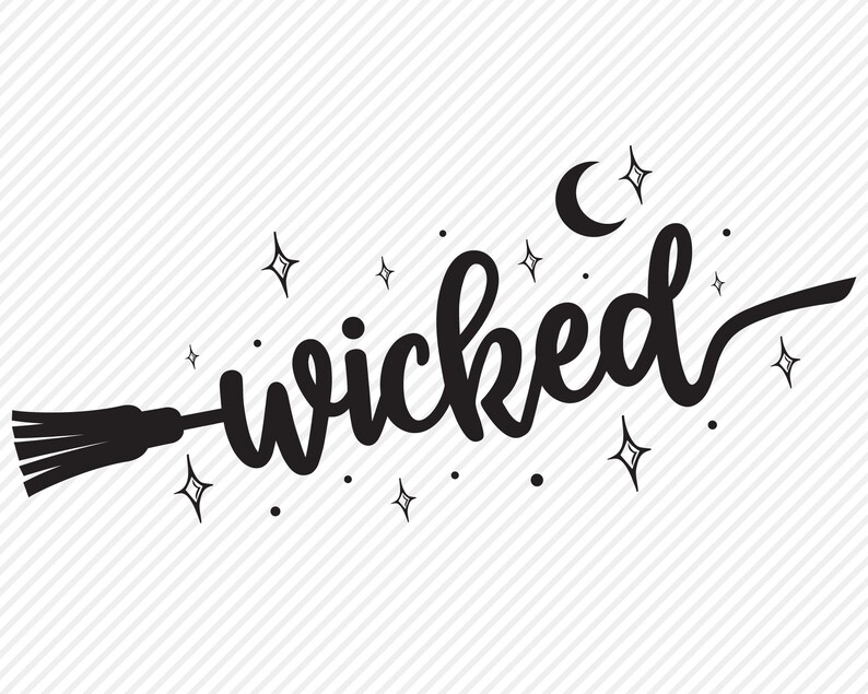 K&ouml;nnte beinhalten: Schwarz-wei&szlig;-Illustration eines Besens mit dem Wort "wicked" in einer verspielten Schrift. Die Illustration ist von Sternen und einem Halbmond umgeben.