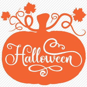 May include: Orange pumpkin silhouette with the word "Halloween" written in white inside. The pumpkin has a stem and leaves.