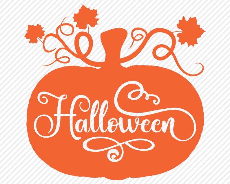 May include: Orange pumpkin silhouette with the word "Halloween" written in white inside. The pumpkin has a stem and leaves.