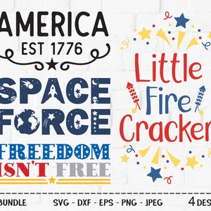 May include: A collection of patriotic designs in red, white, and blue. The designs include the text "AMERICA EST 1776", "SPACE FORCE", "FREEDOM ISN'T FREE", and "Little Fire Cracker". The image also includes file type information.