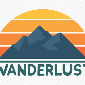 May include: A retro-style graphic with a blue mountain silhouette in front of a sunset with orange and yellow stripes. The text "WANDERLUST" is written in green below the image.