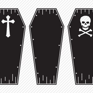 May include: Three black coffin-shaped outlines with different symbols. The first coffin has a white cross, the second is blank, and the third has a white skull and crossbones.