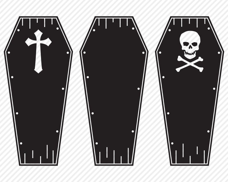 May include: Three black coffin-shaped outlines with different symbols. The first coffin has a white cross, the second is blank, and the third has a white skull and crossbones.