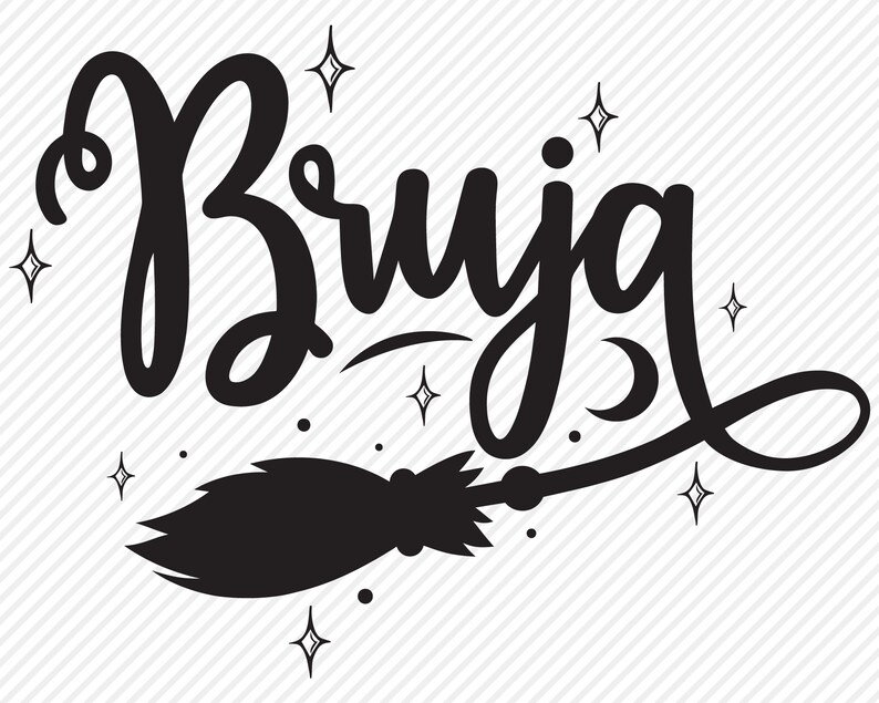 May include: Black and white illustration of a witch's broom with the word "Bruja" written in a stylized font above it. The image is surrounded by small stars.