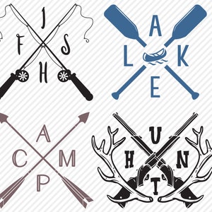 May include: Four black and white illustrations of outdoor activities. The top left image shows two crossed fishing rods with the text "FISH" and "1G" on the left and "S" and "H" on the right. The top right image shows two crossed paddles with the text "LAKE" and a small canoe in the middle. The bottom left image shows two crossed arrows with the text "CAMP". The bottom right image shows two crossed rifles with antlers on either side and the text "HUNT".
