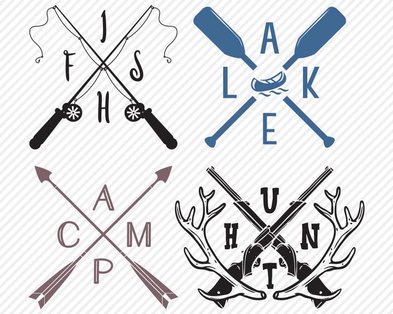 May include: Four black and white illustrations of outdoor activities. The top left image shows two crossed fishing rods with the text "FISH" and "1G" on the left and "S" and "H" on the right. The top right image shows two crossed paddles with the text "LAKE" and a small canoe in the middle. The bottom left image shows two crossed arrows with the text "CAMP". The bottom right image shows two crossed rifles with antlers on either side and the text "HUNT".