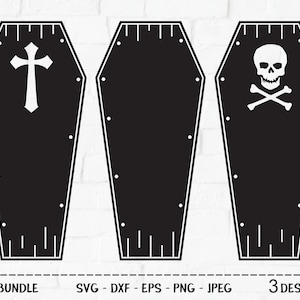 Könnte beinhalten: Drei schwarz-weiße Halloween-Dekorationen in Sargform. Eine zeigt ein Kreuz, eine einen Totenkopf mit Knochen und eine ist leer.