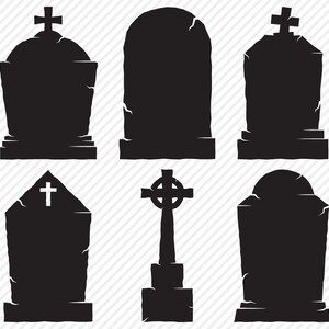 May include: Six black silhouette images of different styles of tombstones. The tombstones are all in a simple, classic style, with a cross or Celtic cross on top. They are perfect for Halloween decorations or for use in craft projects.
