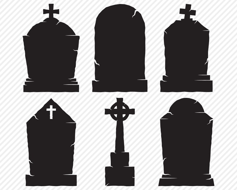 May include: Six black silhouette images of different styles of tombstones. The tombstones are all in a simple, classic style, with a cross or Celtic cross on top. They are perfect for Halloween decorations or for use in craft projects.