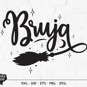 May include: Black and white graphic design of the word "Bruja" with a stylized broom and stars.